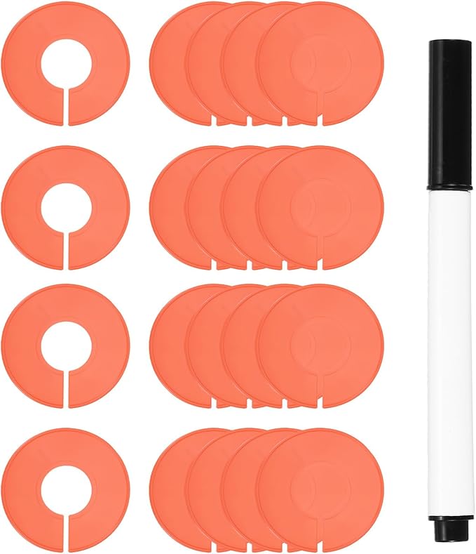uxcell Clothes Dividers,20 Pack Round Closet Rack Dividers Clothing Rack Size Dividers Blank Labels with Marker Pen Writable & Reusable for Hanging Clothes Sorting Size, Orange