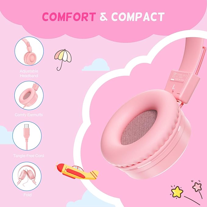 USB Type C Kids Headphones for School, Wired Toddler Headphones, 94dB Volume Limited, HD Stereo Sound, Foldable Lightweight On-Ear Wired Headphones for Kids/Children/Teens/Boys (Light Pink)