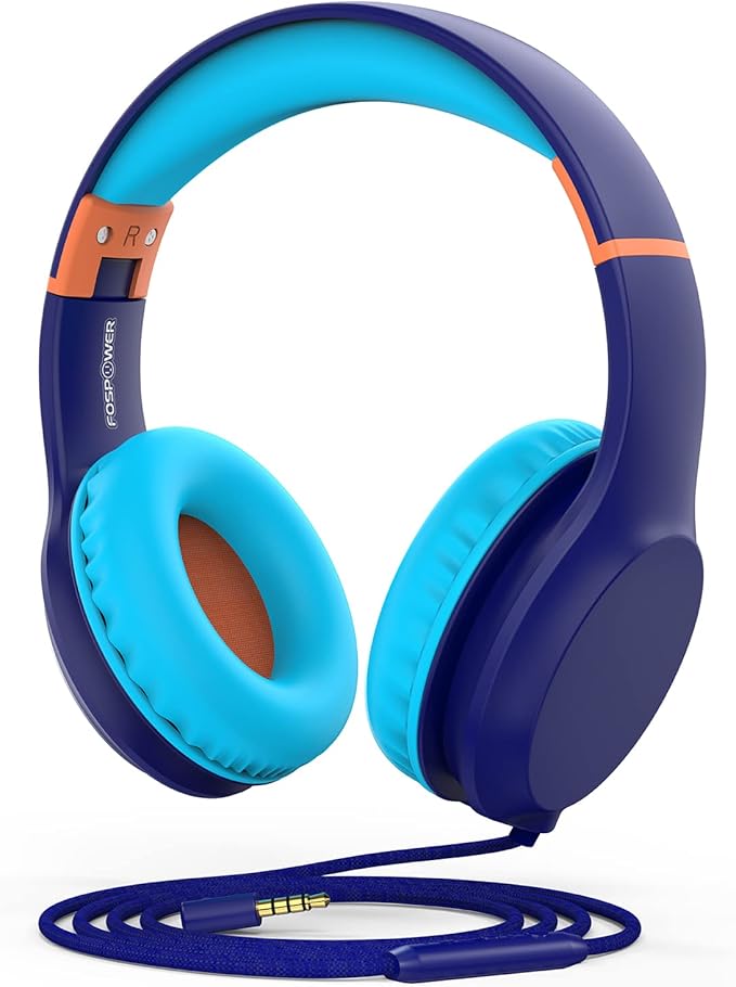 FosPower Kids Headphones with 3.5mm Laced Cables, Children & Teens Over The Ear Foldable Adjustable Headset w/Built-in Mic for Smartphones/PC/Tablet/Laptop/School (Max Volume 85dB) - Blue