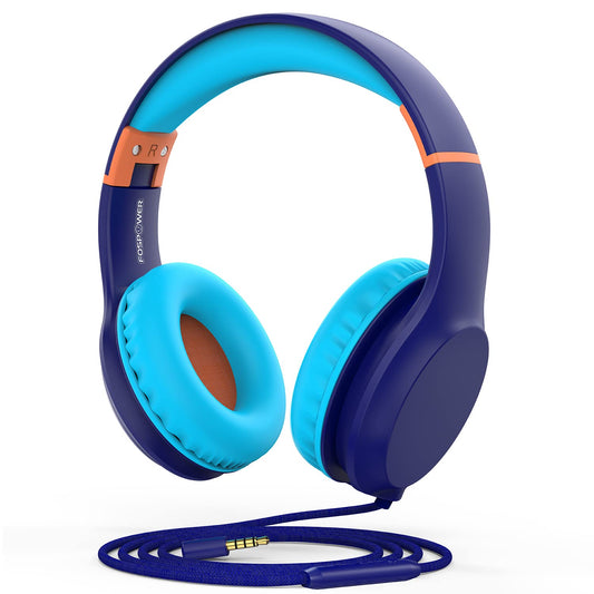 FosPower Kids Headphones with 3.5mm Laced Cables, Children & Teens Over The Ear Foldable Adjustable Headset w/Built-in Mic for Smartphones/PC/Tablet/Laptop/School (Max Volume 85dB) - Blue