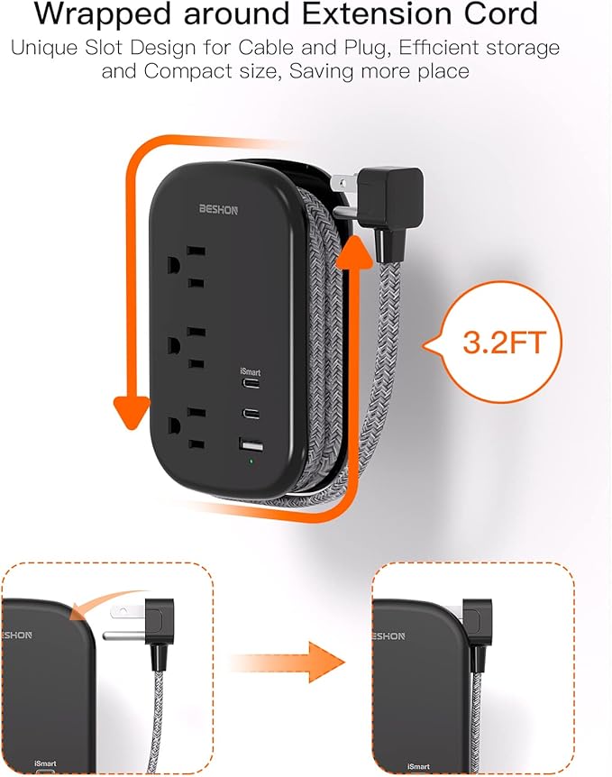 USB C Travel Power Strip, BESHON Ultra Flat Extension Cord, Flat Plug Power Strip, 3 Outlets with 3 USB Ports(2 USB C), 3.2ft Wrapped Around Extension Cord for Cruise Ship, Travel Essentials, Black