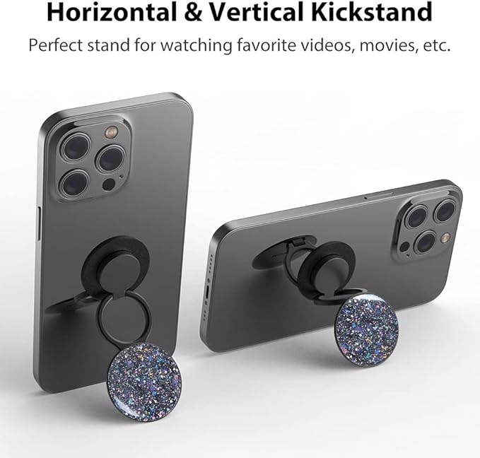 Phone Ring Holder, Phone Grip Holder Finger Kickstand, Foldable & Adjustable Metal Cell Phone Rings Gripper Stand Work with Magnetic Car Mount for iPhone Samsung & Other Phones - Sparkle Black