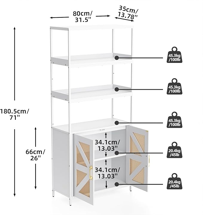 Kitchen Bakers Rack with Storage, 70.8'' Tall 5 Tier Farmhouse Pantry Cabinet with Rattan Doors, Industrial Kitchen Hutch with Large Microwave Storage Rack Freestanding Wine Cabinet Living Room, White