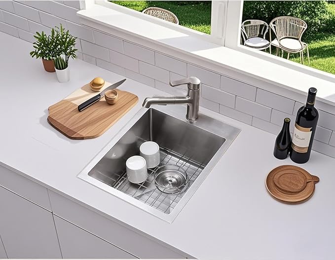 VESLA 15x20 Inch Bar Sink Drop In - Topmount 18 Gauge Stainless Steel Small Kitchen Sink, Single Bowl Brushed Finish for Laundry Wet Bar Prep RV Office Outdoor Yard Use with Bottom Grid & Drain