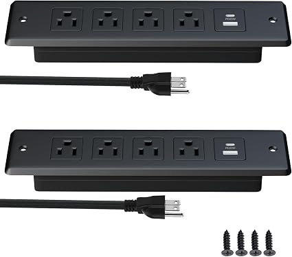 2 PCS Furniture Recessed Power Strip,20W USB C Fast Charging Station,Flush Mount Desk Oulte with 2 USB Ports,4 AC Outlets,6 ft Extension Cord,Black