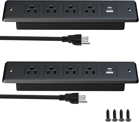 2 PCS Furniture Recessed Power Strip,20W USB C Fast Charging Station,Flush Mount Desk Oulte with 2 USB Ports,4 AC Outlets,6 ft Extension Cord,Black
