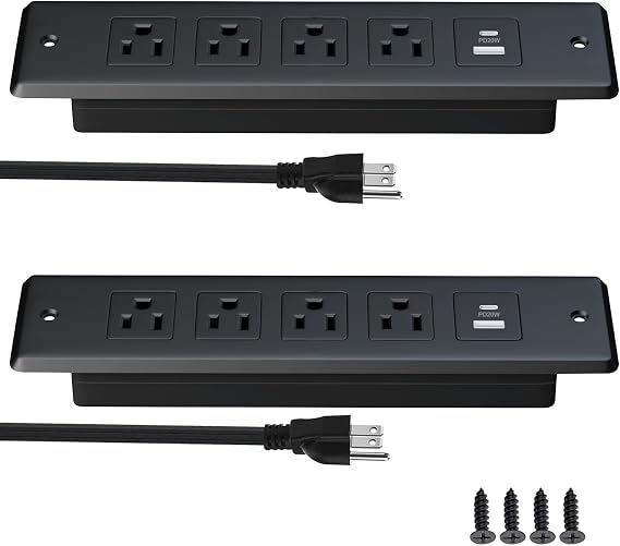 2 PCS Furniture Recessed Power Strip,20W USB C Fast Charging Station,Flush Mount Desk Oulte with 2 USB Ports,4 AC Outlets,6 ft Extension Cord,Black
