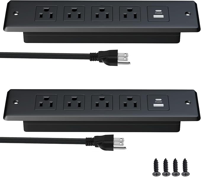2 PCS Furniture Recessed Power Strip,20W USB C Fast Charging Station,Flush Mount Desk Oulte with 2 USB Ports,4 AC Outlets,6 ft Extension Cord,Black