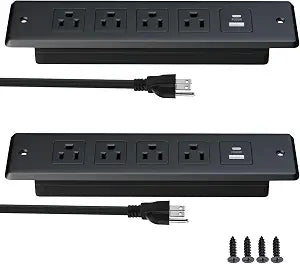 2 PCS Furniture Recessed Power Strip,20W USB C Fast Charging Station,Flush Mount Desk Oulte with 2 USB Ports,4 AC Outlets,6 ft Extension Cord,Black