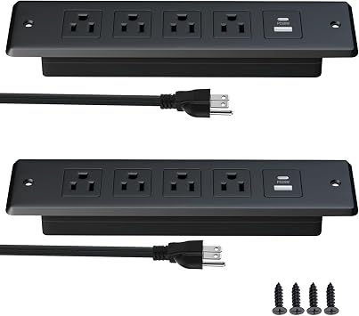 2 PCS Furniture Recessed Power Strip,20W USB C Fast Charging Station,Flush Mount Desk Oulte with 2 USB Ports,4 AC Outlets,6 ft Extension Cord,Black
