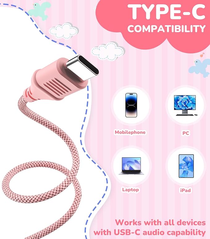 Upgrade USB Type C Kids Headphones, Wired Headphones for Kids with Microphone for Boys Girls, Adjustable 85dB/94dB Volume Limited (Pink)