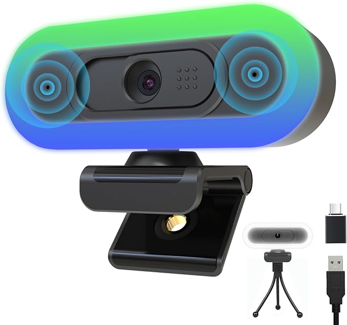2K USB C Camera Autofocus PC Webcam with Dual Microphones/Ring Light/Fill RGB Light/Cover, 65°FOV, Plug and Play Web-Cam Streaming Web Camera for Desktop Computer Laptop Mac Zoom