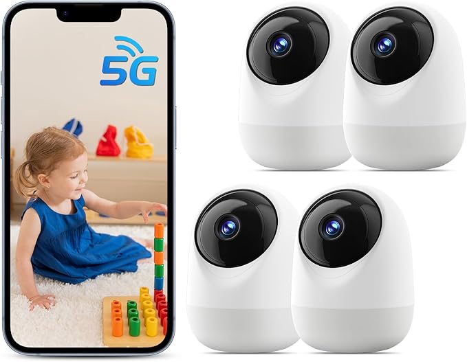 5&2.4Ghz Indoor Security Camera, 360° 3MP WiFi Cameras for Home Security, Baby/Pet Camera with Phone App, Motion/Sound Detection, Auto Tracking, 2-Way Audio, TF/Cloud Storage (4 Pack)