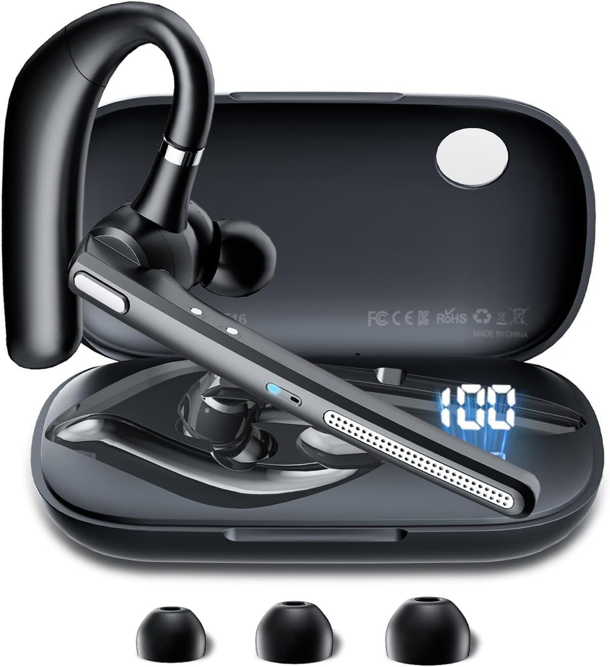 Bluetooth Headset with 72-Hour Talk Time & 500mAh Charging Case, Bluetooth V5.3 Headset with Noise Cancelling Mic – Wireless Earpiece Hands-Free Headphones for Office Trucker Driving Business,Black