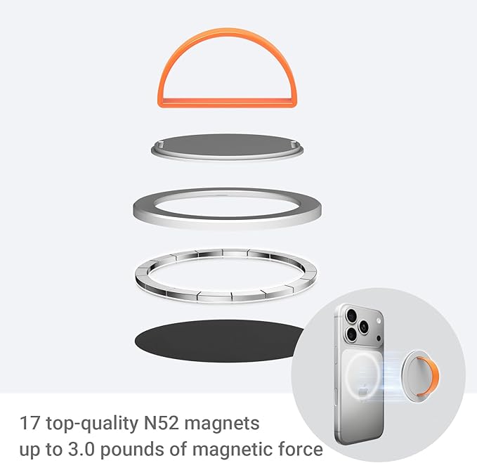 Grat 3 Lite Magnetic Phone Loop, [Nylon-core Silicone Strap] 360° Rotatable Phone Grip, Detachable Finger Holder Compatible with Magsafe for iPhone 16 15 14 13 12 Pro/max, Silver