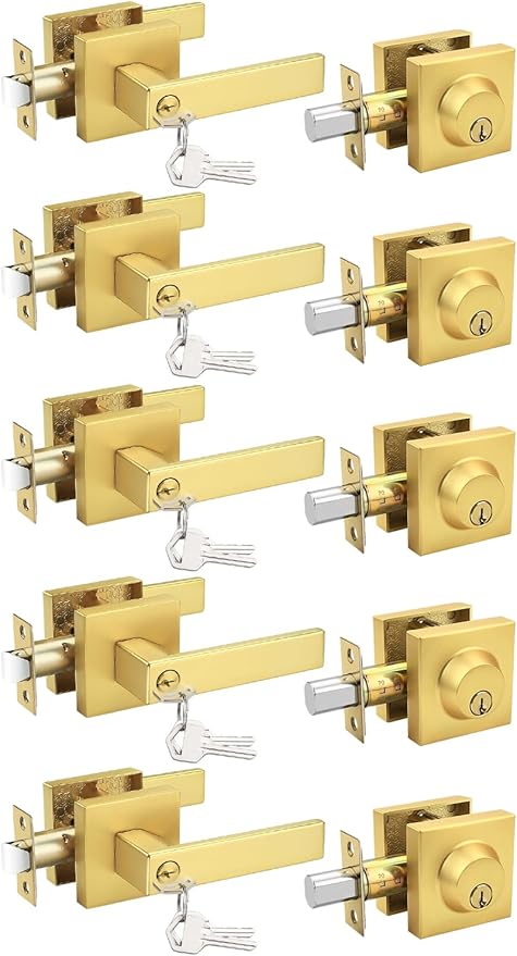 5 Pack Brushed Gold Keyed Alike Front/Exterior Door Lever with Single Cylinder Deadbolt, Satin Brass Entry Door Knob Lock Set Combo Sets, for Entrance/Front and Office Doors