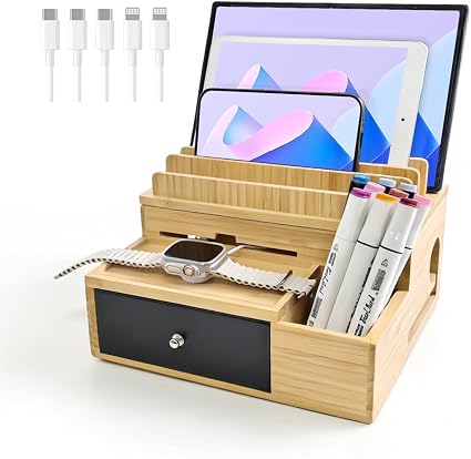 Bamboo Charging Station Organizer with Drawer and Pen Holder