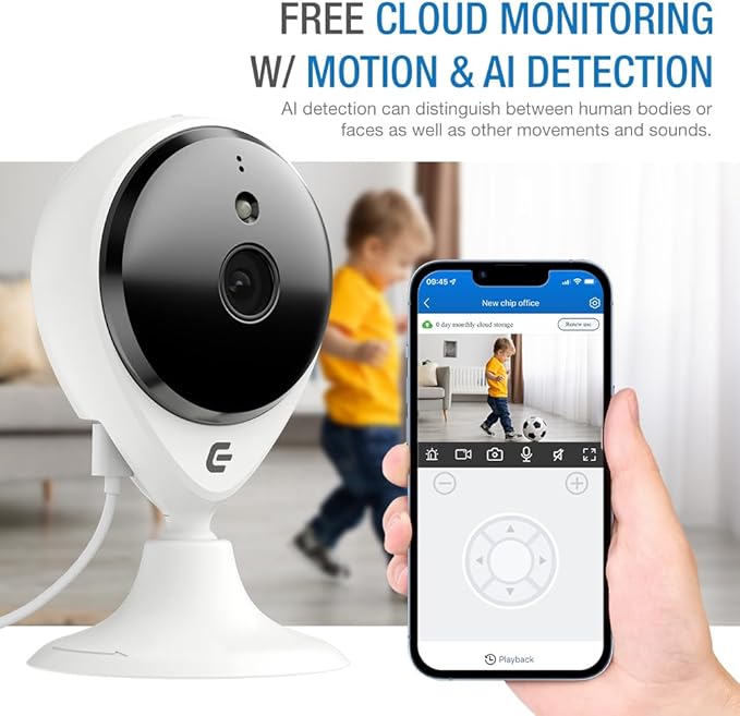 Smart Security Camera Indoor Plug-in Wired, 1080p HD IP/WiFi Cam for Home Pet Elderly Video Monitoring, Two-Way Audio + Phone App, Motion Dection, Compatible with Alexa (White)