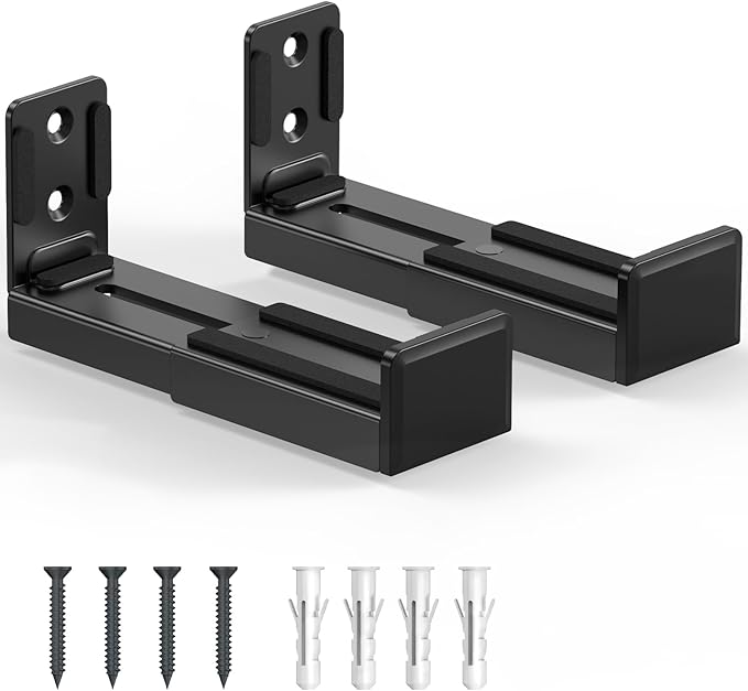Universal Soundbar Wall Mount Bracket, Dual Speaker Wall Mount Compatible with TVs, Adjustable Depth 3.5-6.1 Inches, Holds up to 33 lbs, Sound Bar Mounting Kit, Black