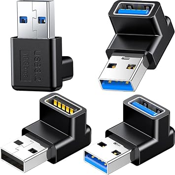 4 Pack 10Gbps USB 3.1 Male to Female Adapter Right Angle Up and Down Angle 90 Degree USB 3.0 A Connector Support 3A Fast Charging for Computer, PC, Desktop, Laptop, USB Hub, USB Charger