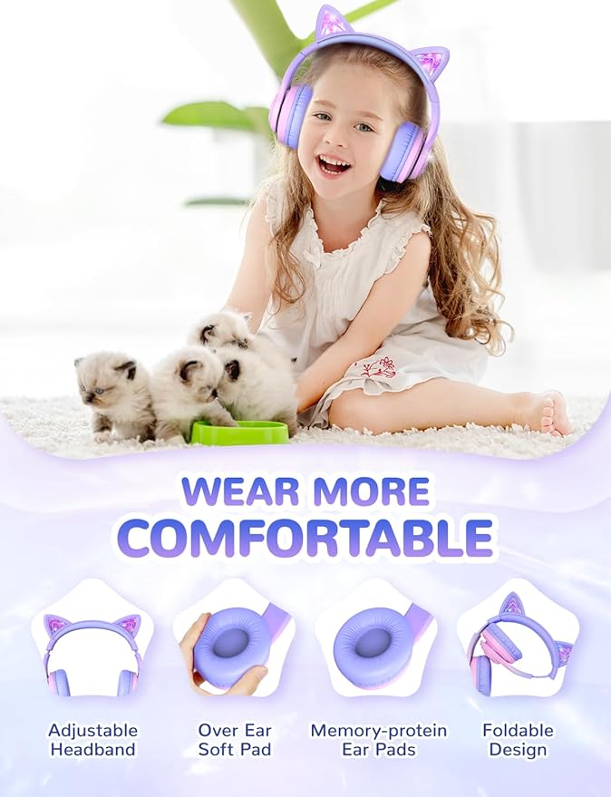 iClever Cat Ear Kids Bluetooth Headphones, LED Lights Up, 74/85dBA Volume Limited, 50H Playtime,Bluetooth 5.2, USB C, Kids Headphones Wireless for Travel iPad Tablet, Meow Macaron-Gradient Pink
