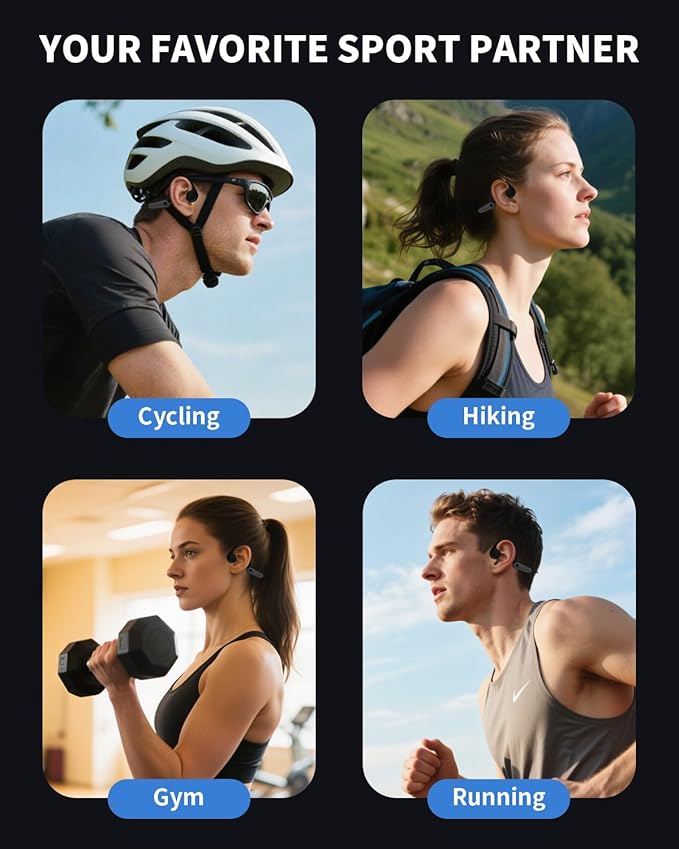 Wireless Bone Conduction Headphones,Bone Conduction Earbuds 10H Playtimes Sports Earphones with Mic,Open Ear Bluetooth 5.3 Headphones,Sweat Resistant Sports Headset for Running,Workout,Cycling Black