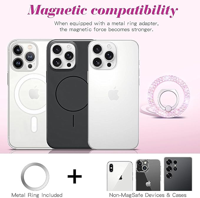 Bling Magnetic Phone Ring Holder for Mag-Safe, Glitter Magnet Cell Phone Grip Stand Sparkle Finger Ring Magnetic Compatible with iPhone 16 Pro Max 15 14 13 12 Mag-Safe Accessories（Pink）