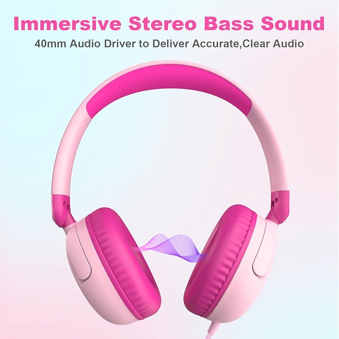 V8 Kids Headphones Wired with Mic for Toddlers, 85/94dB Safe Volume Limit, Foldable Portable Headphones for School & Travel, 3.5mm Port, Stereo Sound for iPad Tablet Kindle Computer (Pink)