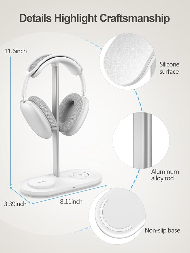 TopMade 5-in-1 Headphone Stand with Wireless Charger – Cream White, 15W Fast Charging for iPhone, Apple Watch, AirPods & Universal Headset Holder
