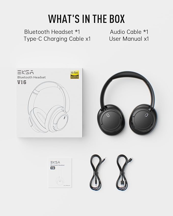 EKSA Wireless Headphones Over Ear, Bluetooth Headphones with Microphone, Hi-Res Audio, 90H Playtime, 6 EQ Modes, Lightweight, Foldable, Bluetooth Headset for PC/Cellphone/Home/Travel/Office Black
