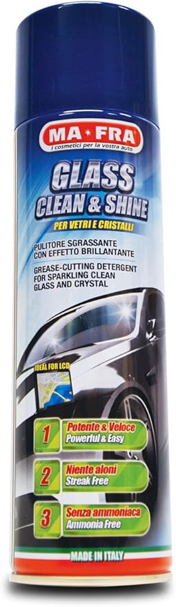 Mafra Glass Clean and Shine | Ammonia Free Fast Flash Glass Cleaner | Streak Free on Tinted Windows and LCD Screens | Active Foam for Smog Dust and Fingerprints | 500 Milliliters