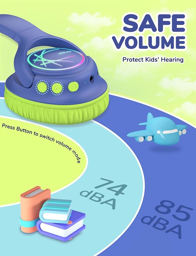 iClever Kids Bluetooth Headphones with LED Lights, BTH18 Safe Volume 74/85 dBA, 43H Playtime, Bluetooth5.3 Kids Headphones Wireless Aux Cord for iPad/Tablet/Travel/School, Green/Blue