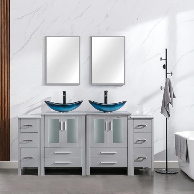 eclife 72" Modern Bathroom Vanity Sink Combo Freestanding Cabinet with Small Side Cabinet, Blue Boat Glass Vessel Sink, Water Save Faucet, Drain (Gray+A29BU)