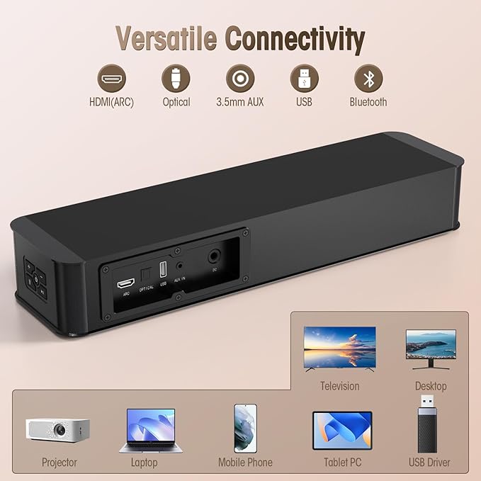 BESTISAN 2.1CH Sound Bar for TV, 16.5” Compact with Built-in Subwoofer, ARC/Opt/AUX/USB Input, Volume Boost, Bluetooth 5.3, Peak 100W, 3 EQ Modes, All-in-one Soundbar for PC/Gaming/Projectors