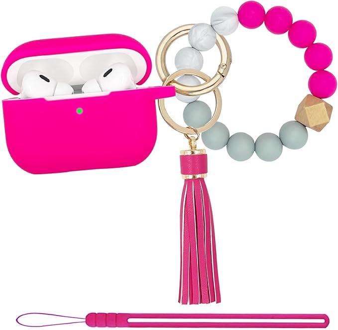 Compatible with Airpods Pro 2nd Generation Case Cover 2022, Soft Silicone Protective Cover with Bracelet Keychain for Apple Airpods Pro 2 Case for Women (Hot Pink)