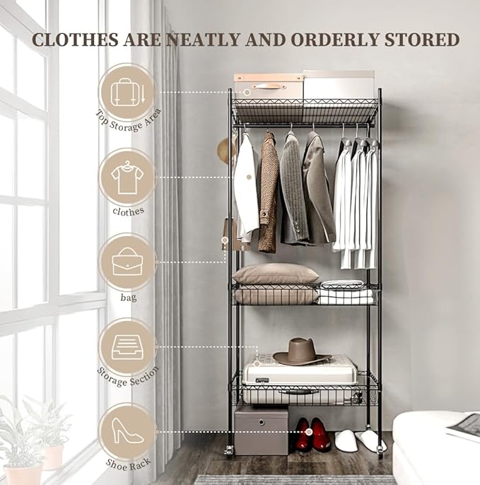 Clothes Rack | Adjustable Closet Shelves | Heavy Duty Rolling Garment Rack | Freestanding Clothing Rack | Closet Organizers and Storage | Clothing Racks for Hanging Clothes.
