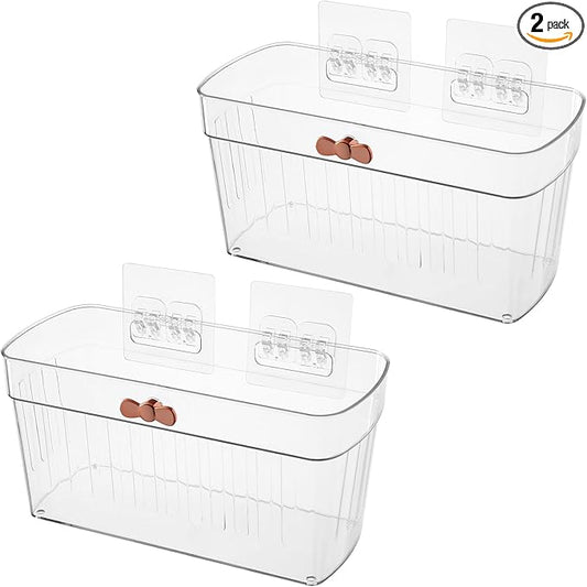 2 Pack Adhesive Cabinet Door Organizer, Compact Kitchen Under Sink Organizer, Clear Lid Storage Container for Pantry Shelves, Wall Mounted Bathroom Shower Caddy Hanging Closet Organizer