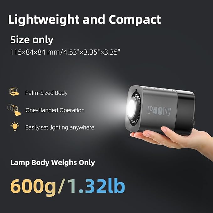 Portable Magnetic LED Video Light 40W COB - Metal Mini Dual Color 2500K-6500K w/Built-in Battery, Continuous Lighting Spotlight w/Magnetic Attachable Reflector & Softbox