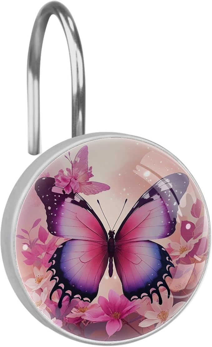 12 Packs Butterfly and Pink Floral Shower Curtain Hooks, Stainless Steel Glass Shower Curtain Rings for Bathroom Decor, Metal Rustproof Curtain Rod Hooks