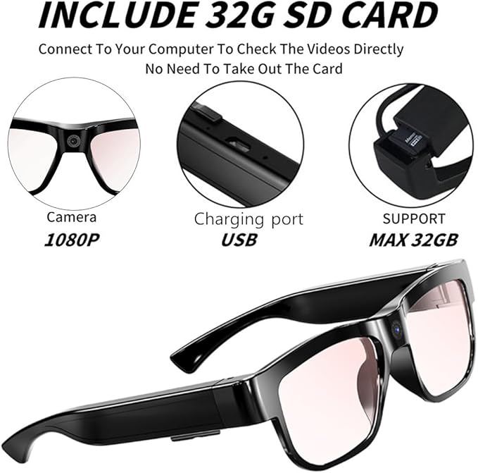 Camera Glasses Smart Video Glasses with Camera Wearable Sports Eye Glasses Outdoor Recording Motorcycle Riding Hiking Built-in 32G Memory