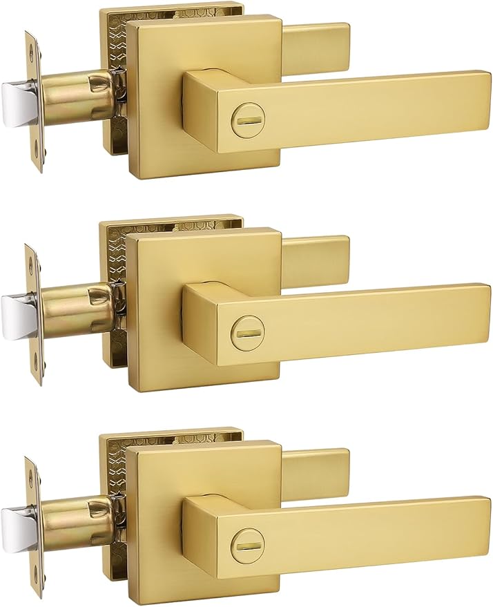 3 Pack Heavy Duty Gold Square Privacy Interior Door Levers, Satin Brass Finish, Bedroom and Bathroom Door Handles Keyless Bed/Bath Lockset