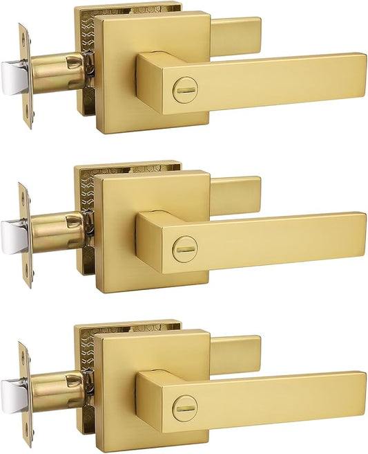 3 Pack Heavy Duty Gold Square Privacy Interior Door Levers, Satin Brass Finish, Bedroom and Bathroom Door Handles Keyless Bed/Bath Lockset