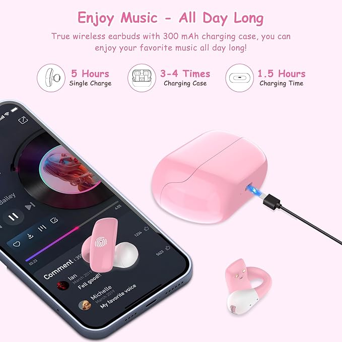 BANIGIPA Kids True Wireless Earbuds, 5g Super Light Comfortable Open Ear Bluetooth 5.4 Headphones w/Mic to Protect Hearing for Studying Music Clear Calling, Touch Control Ear Buds w/Charging Case