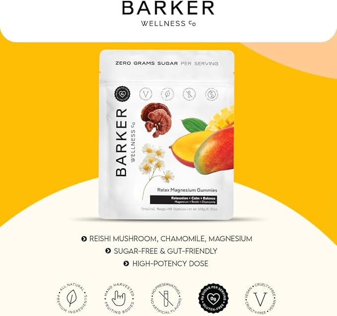 Barker Wellness Magnesium Relax Gummies | Advanced Stress & Muscle Tension Relief | Promotes Calm & Relaxation with Reishi Mushroom & Chamomile | Vegan, Sugar-Free, Tropical Mango | 60 Gummies