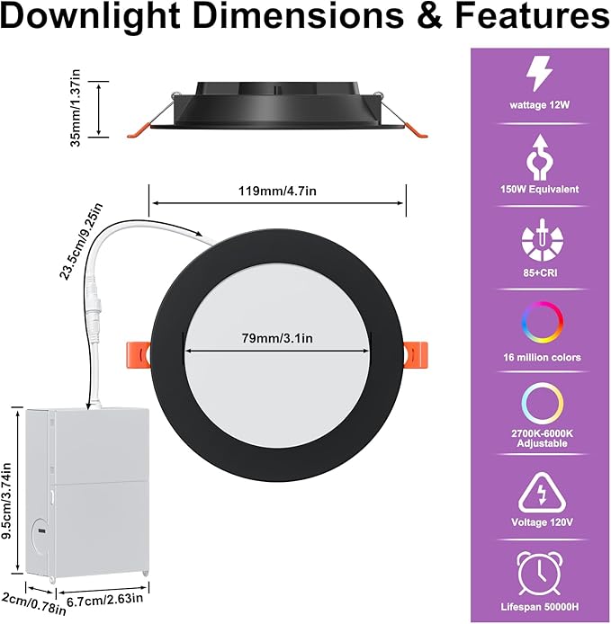 Smart Recessed Lighting 4 Inch RGBCW Color Changing 12W LED Downlight with Junction Box,1000 Lumen Recessed Ceiling Light Compatible with Alexa,Dimmable by Bluetooth Control -12Pack