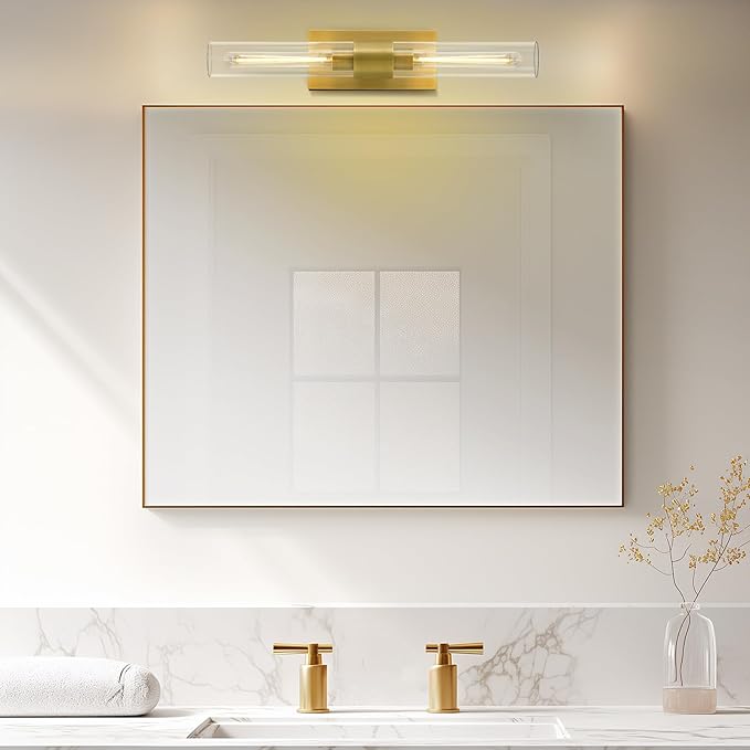 Brass Wall Sconces, 22.8" Bathroom Wall Sconce, Gold Wall Sconces Set of 2, 2-Light Dimmable Wall Sconce, Sconces Wall Lighting With Glass, Bathroom Vanity Light, Tube Sconce for Living Room, Hallway