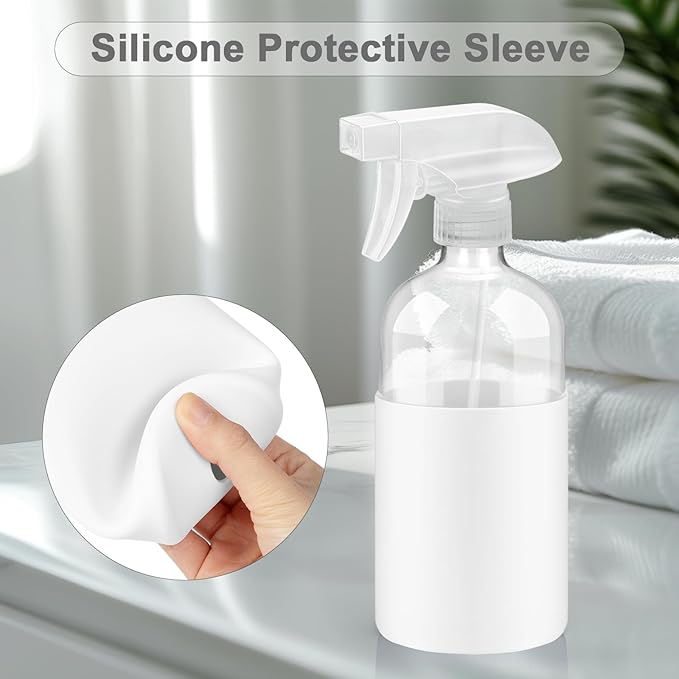 2 Pack Glass Spray Bottles with Silicone Sleeve, 16 oz Empty Refillable Containers with Adjustable Spray Nozzles, Spray Bottles for Hair, Cleaning Solutions and Plants Black&White