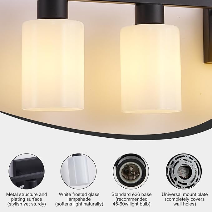 Black 6 Light Bathroom Vanity Light, Matte Black Vanity Lighting for Mirror, Rustic Bathroom Light Fixtures with Milky White Frosted Glass, Vanity Lights E26 Base Compatible