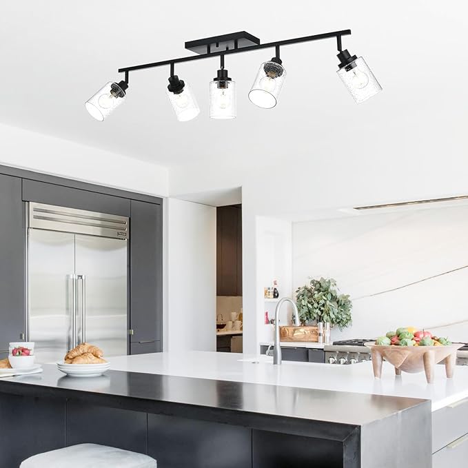 5-Light Black Track Lighting Kit Ceiling Mount Kitchen Track Lighting Fixtures, Bathroom Ceiling Tracking Vanity Light with Bubble Seeded Glass Shade & Rotatable Tracking Heads for Accent Shop