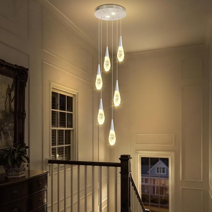 Modern Crystal Chandelier 6-Lights Pendant Chandeliers for Staircase Chrome Kitchen Pendant Light Fixture Hanging Lighting for Dining Room Living Room Bedroom Entryway